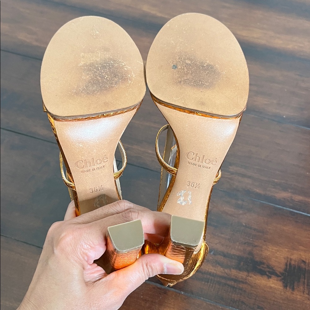 Chloe Women's Python Leather Sandals Heels Criss Cross Metallic Bronze size 36.5 - Picture 7 of 9